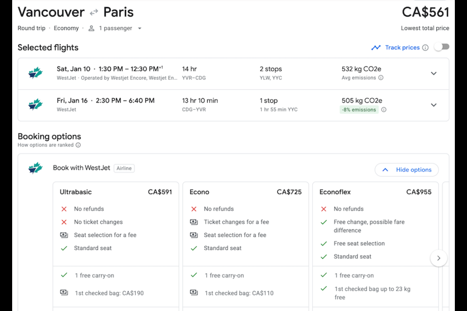The total trip costs as little as $561 booked through a third party and $591 directly through WestJet. 