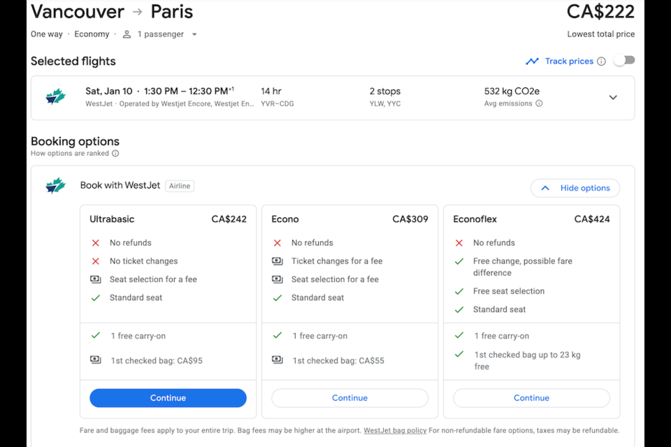 A flight departing on Saturday, Jan. 10, 2026, from Vancouver includes the same itinerary as the first flight on the outbound trip and costs $222. 
