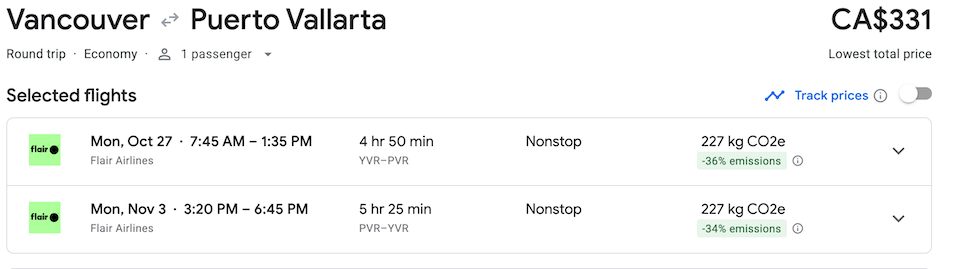 A flight departing Vancouver on Saturday, Oct. 18, and returning from Cancun on Sunday, Oct. 26 costs $290. The outbound trip is with WestJet, and the return is with Flair. 