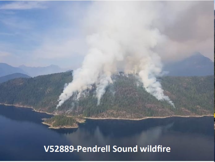 Plumes of smoke arise from a wildfire on a forested island.